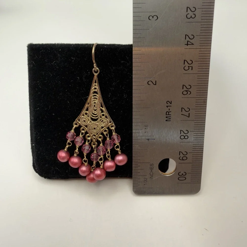 Vintage Sterling Silver Filigree Chandelier Earrings Pink Cultured Pearl Vermail